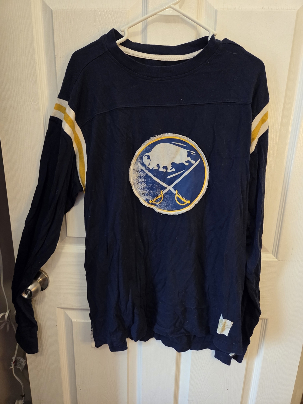 Reebok Navy Long-Sleeve Hockey Logo Tee with Yellow Accents